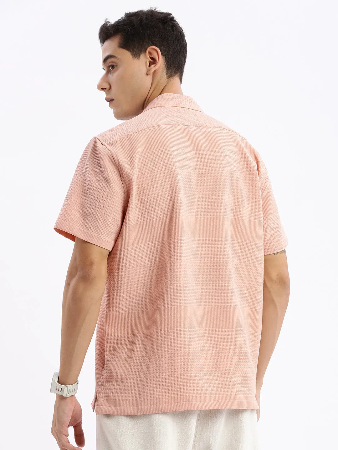 Men Cuban Collar Solid Relaxed Fit Peach Shirt