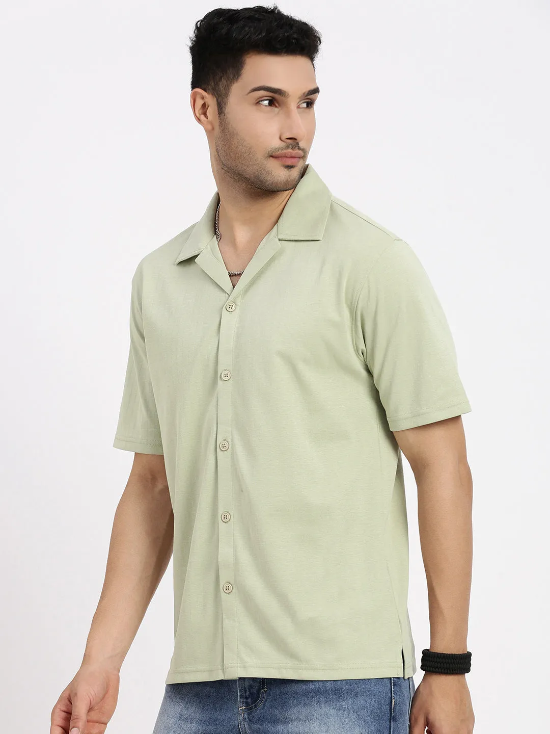 Men Green Cuban Collar Solid Shirt