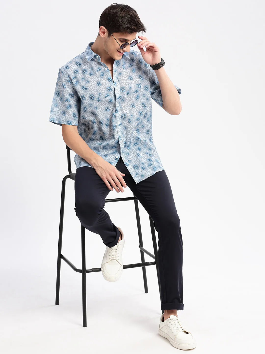 Men Spread Collar Floral Blue Casual Shirt