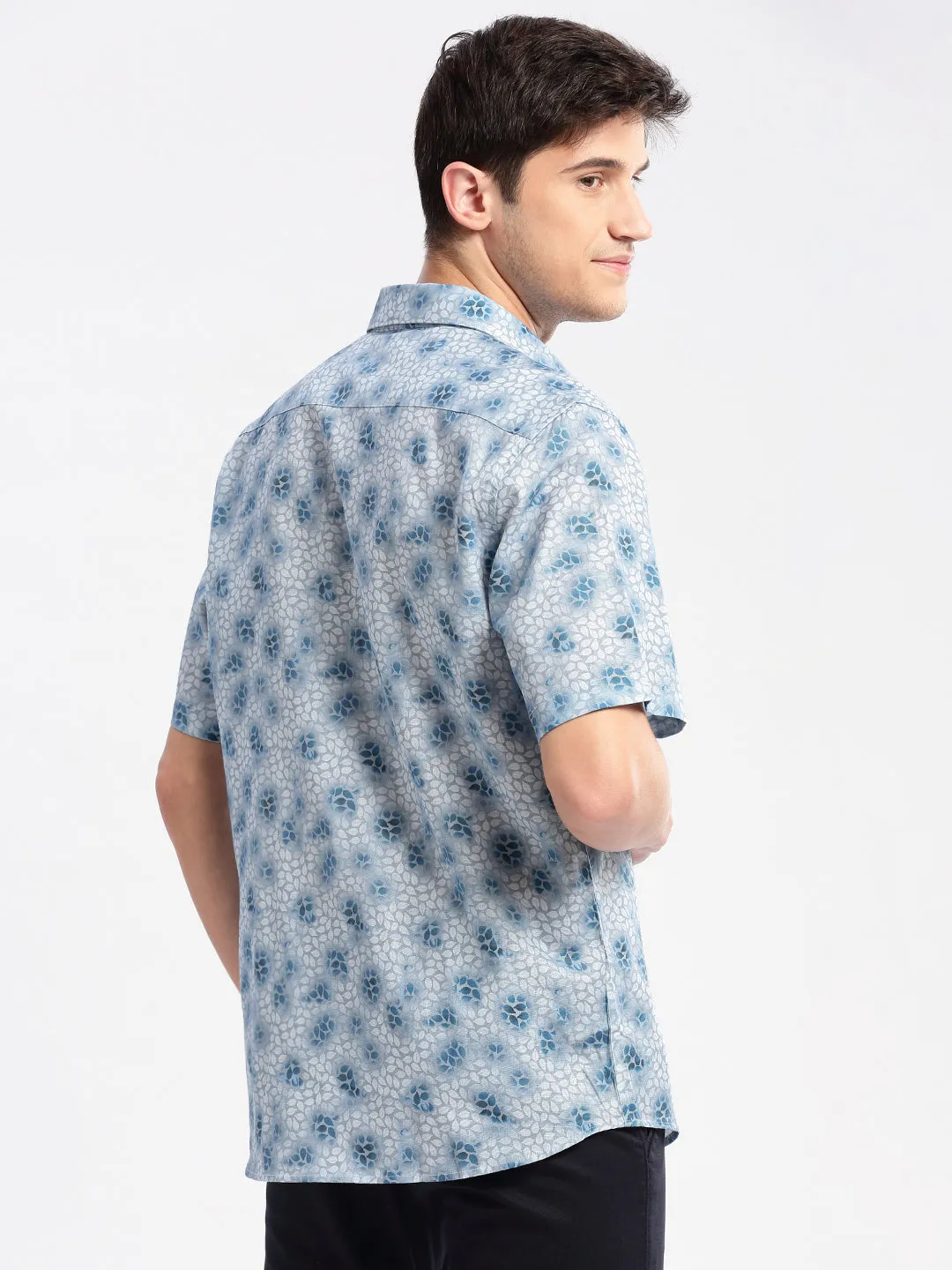 Men Spread Collar Floral Blue Casual Shirt