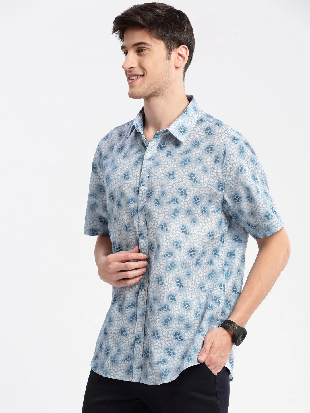 Men Spread Collar Floral Blue Casual Shirt