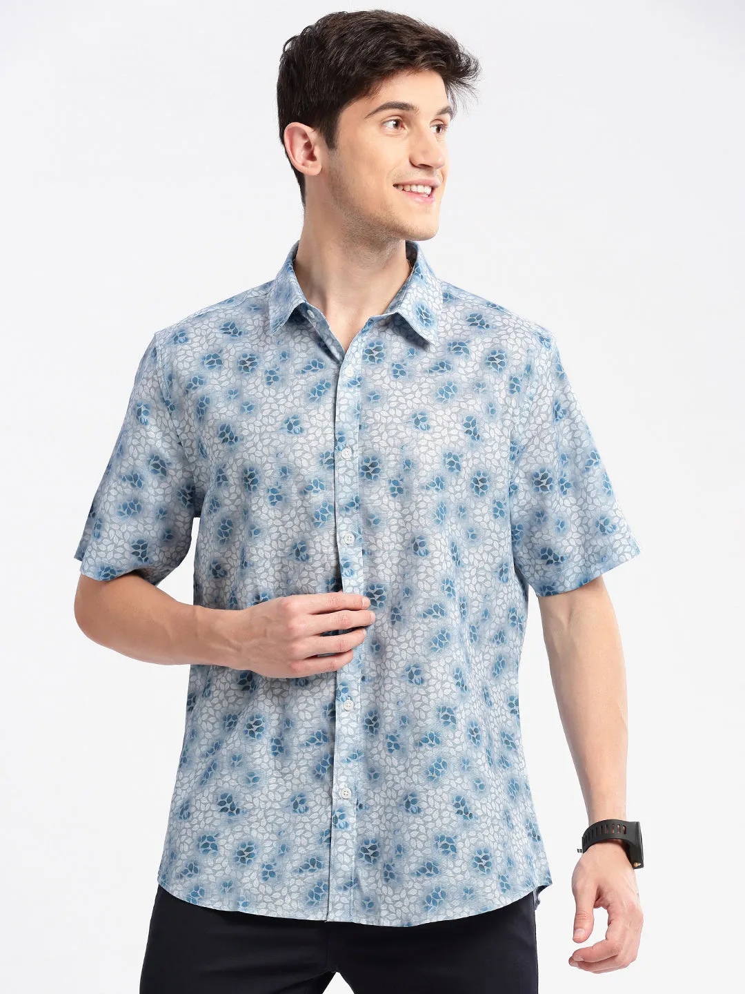 Men Spread Collar Floral Blue Casual Shirt