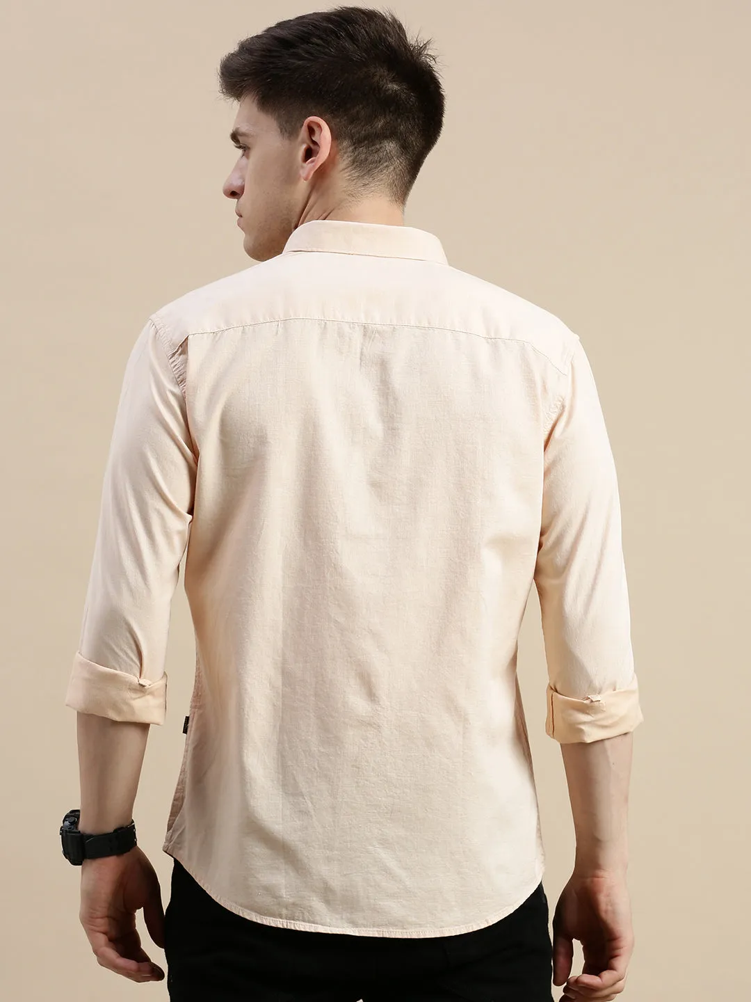 Men Spread Collar Solid Peach Shirt