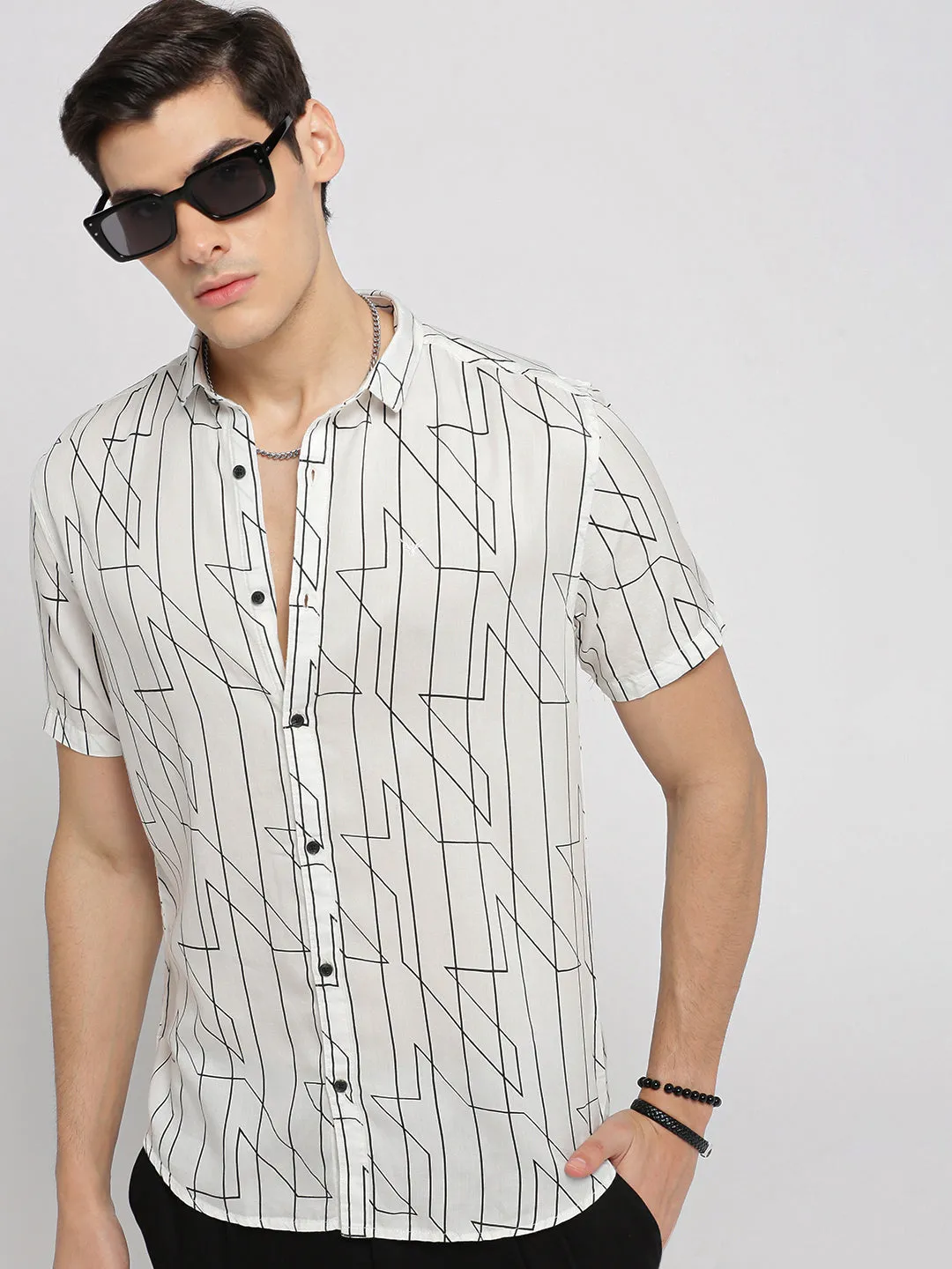 Men White Spread Collar Geometric Shirt