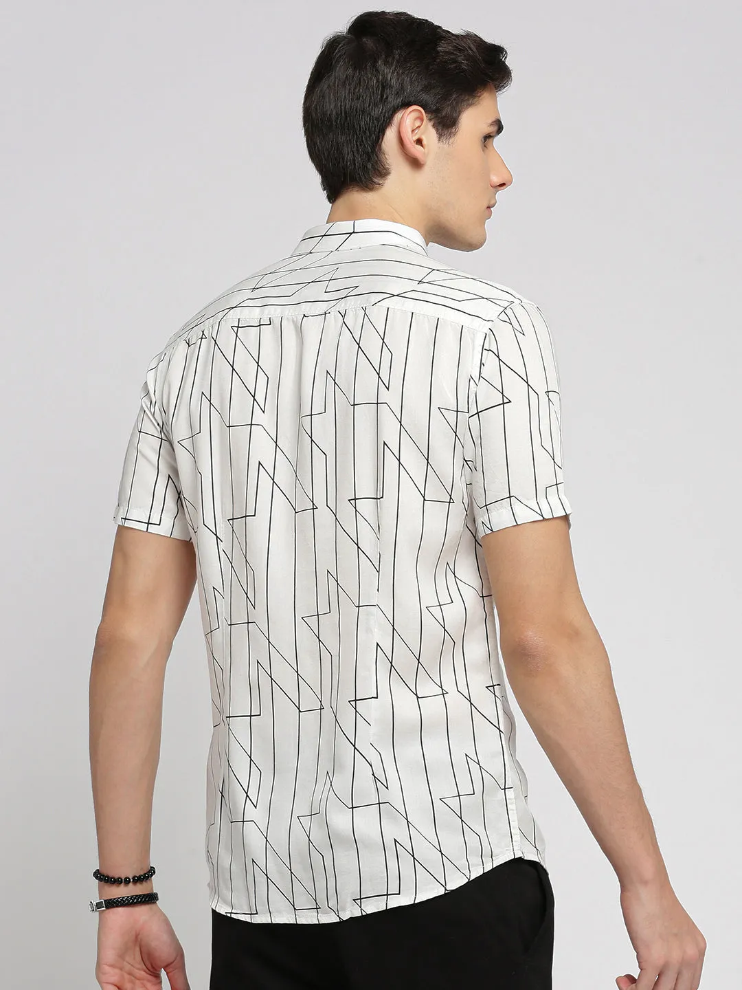 Men White Spread Collar Geometric Shirt