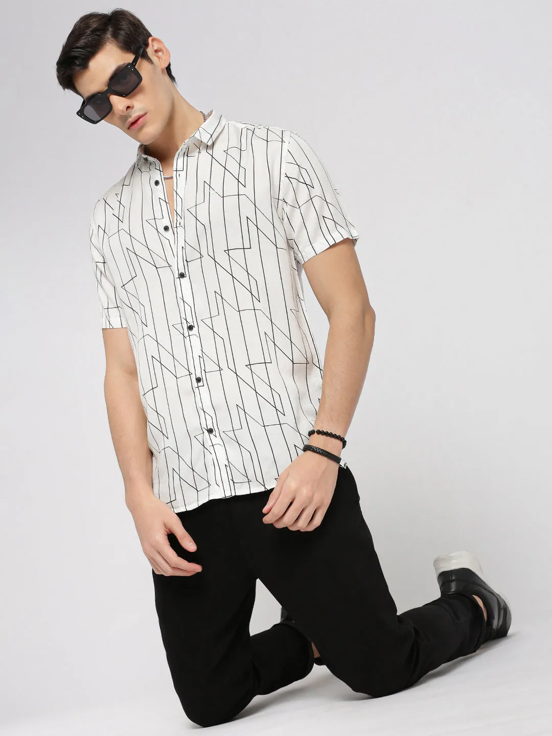 Men White Spread Collar Geometric Shirt