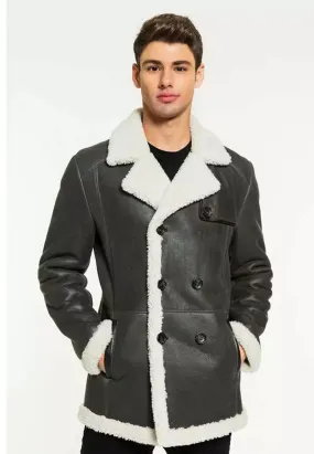 Men’s Black Leather White Shearling Long Coat