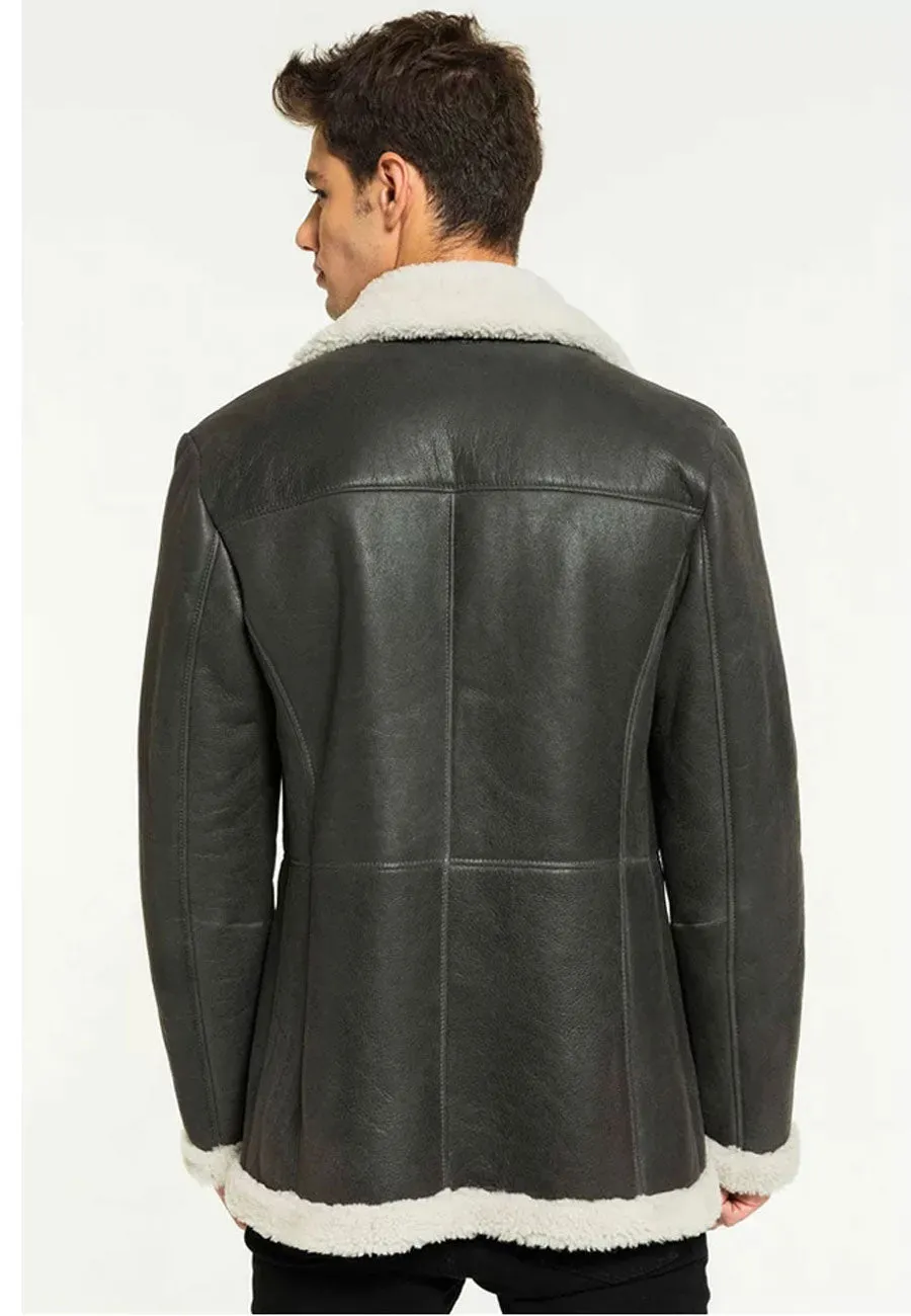 Men’s Black Leather White Shearling Long Coat