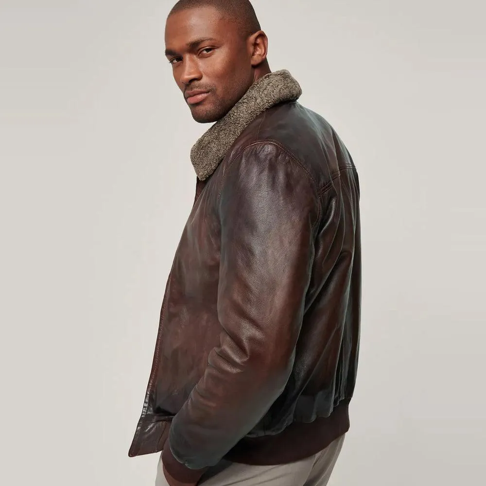 Men's Brown Waxed Sheepskin Aviator Leather Bomber Jacket