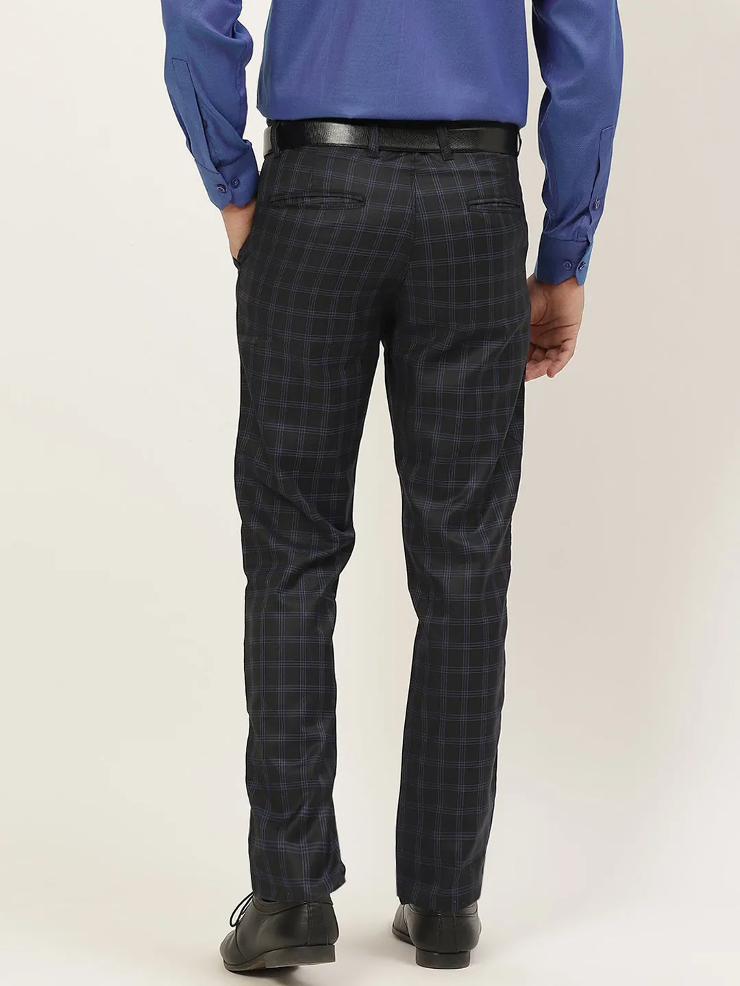 Men's Cotton Blend Black & Blue Checked Formal Trousers - Sojanya