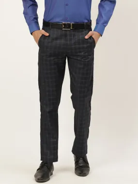 Men's Cotton Blend Black & Blue Checked Formal Trousers - Sojanya