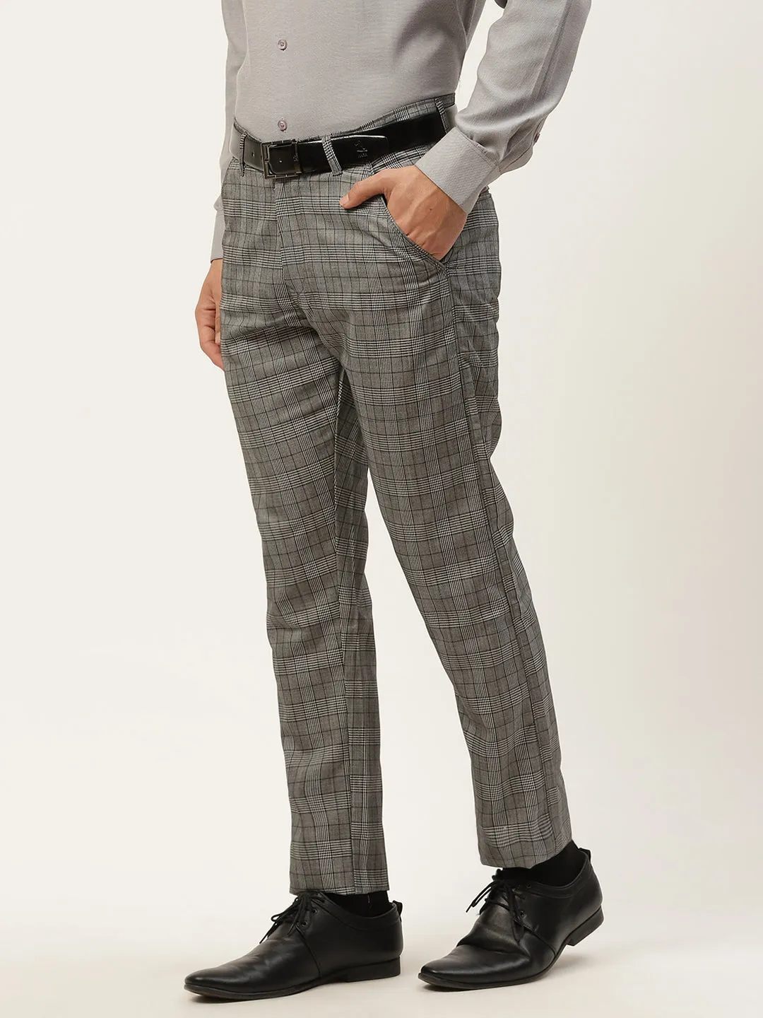 Men's Cotton Blend Black & Off White Checked Formal Trousers - Sojanya