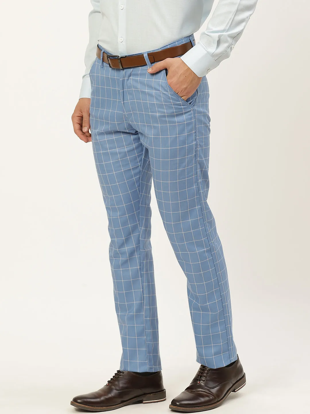 Men's Cotton Blend Blue & Off White Checked Formal Trousers - Sojanya