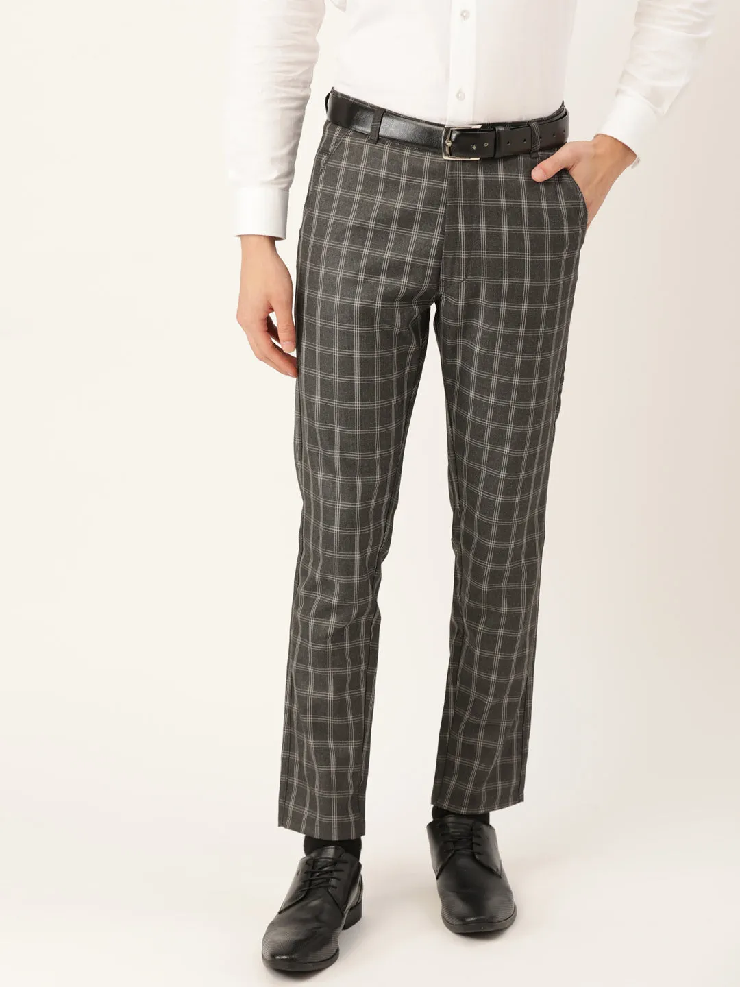 Men's Cotton Blend Charcoal Grey & Grey Checked Formal Trousers - Sojanya