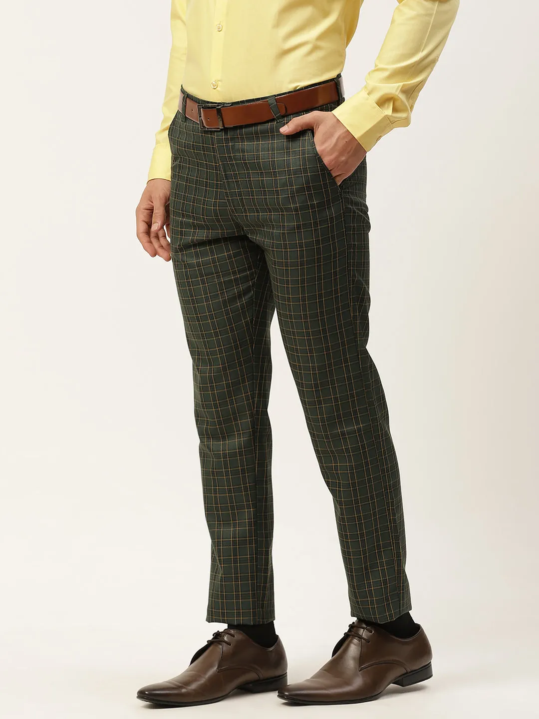 Men's Cotton Blend Dark Green & Yellow Checked Formal Trousers - Sojanya