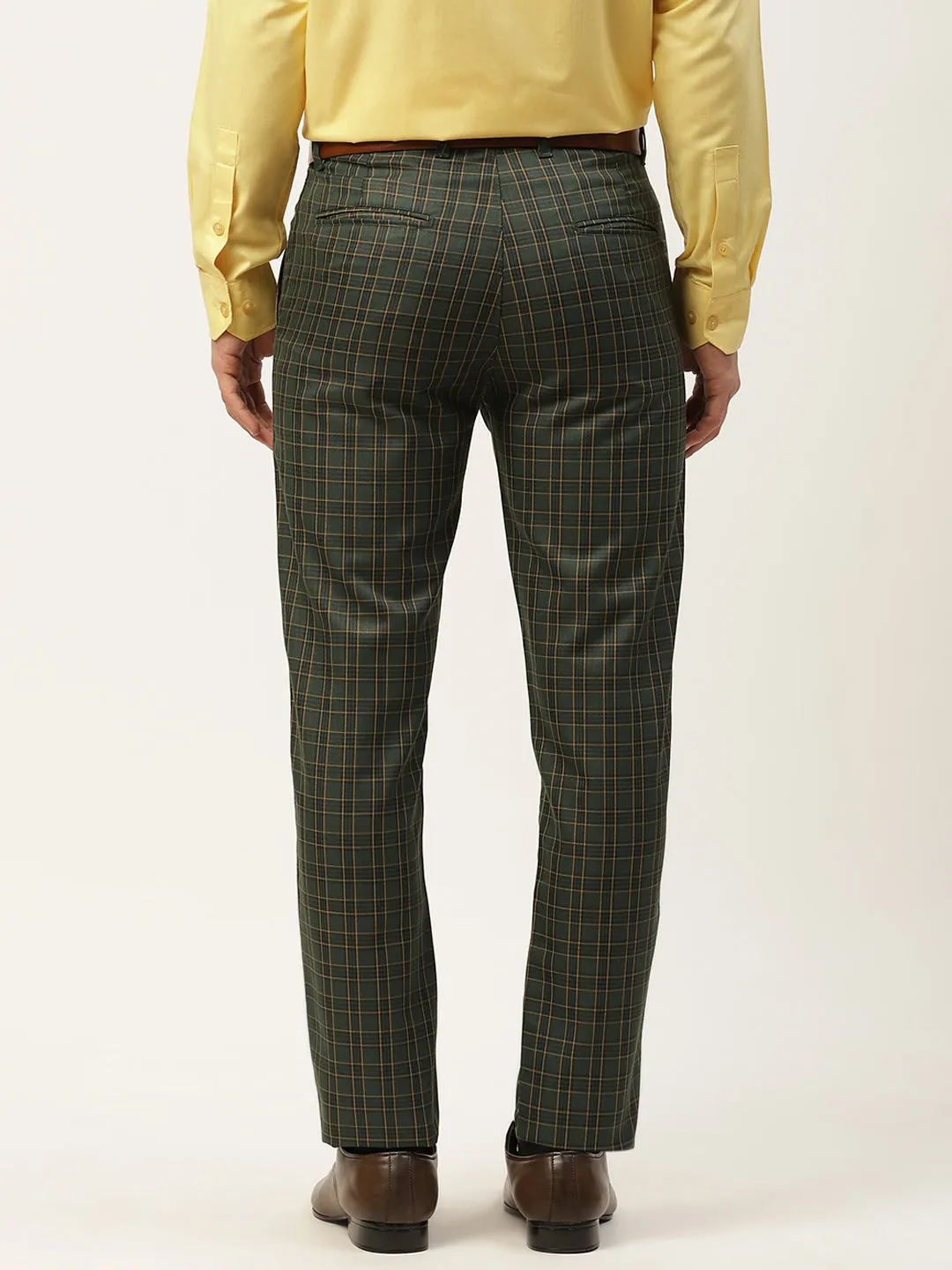 Men's Cotton Blend Dark Green & Yellow Checked Formal Trousers - Sojanya