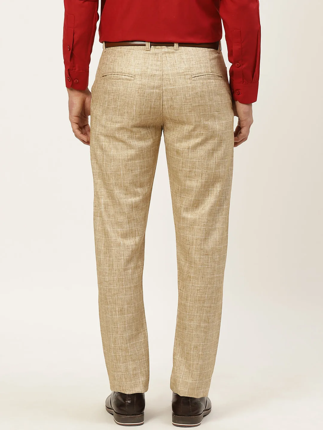 Men's Cotton Blend Khaki & Off White Checked Formal Trousers - Sojanya