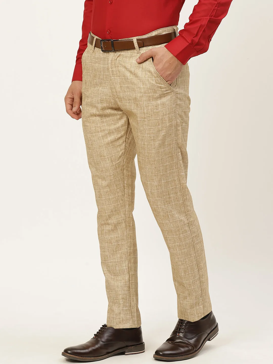 Men's Cotton Blend Khaki & Off White Checked Formal Trousers - Sojanya