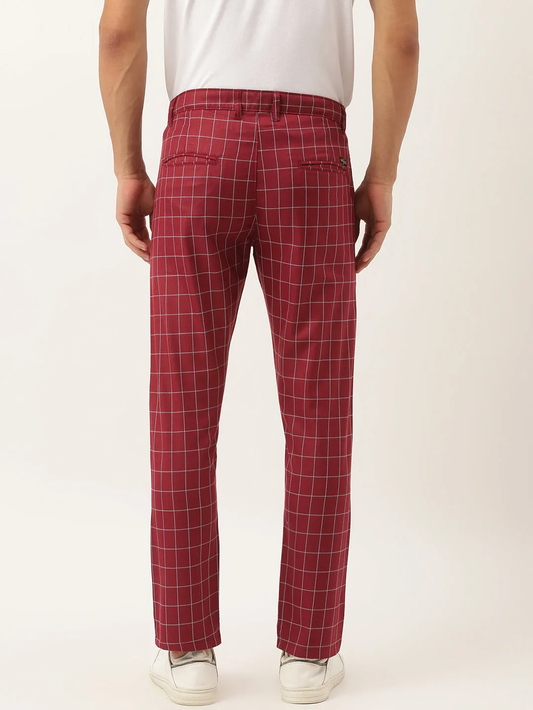 Men's Cotton Blend Maroon & Blue Checked Formal Trousers - Sojanya