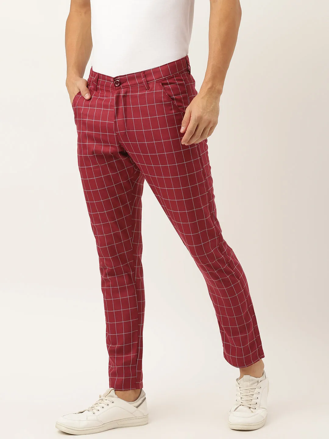 Men's Cotton Blend Maroon & Blue Checked Formal Trousers - Sojanya