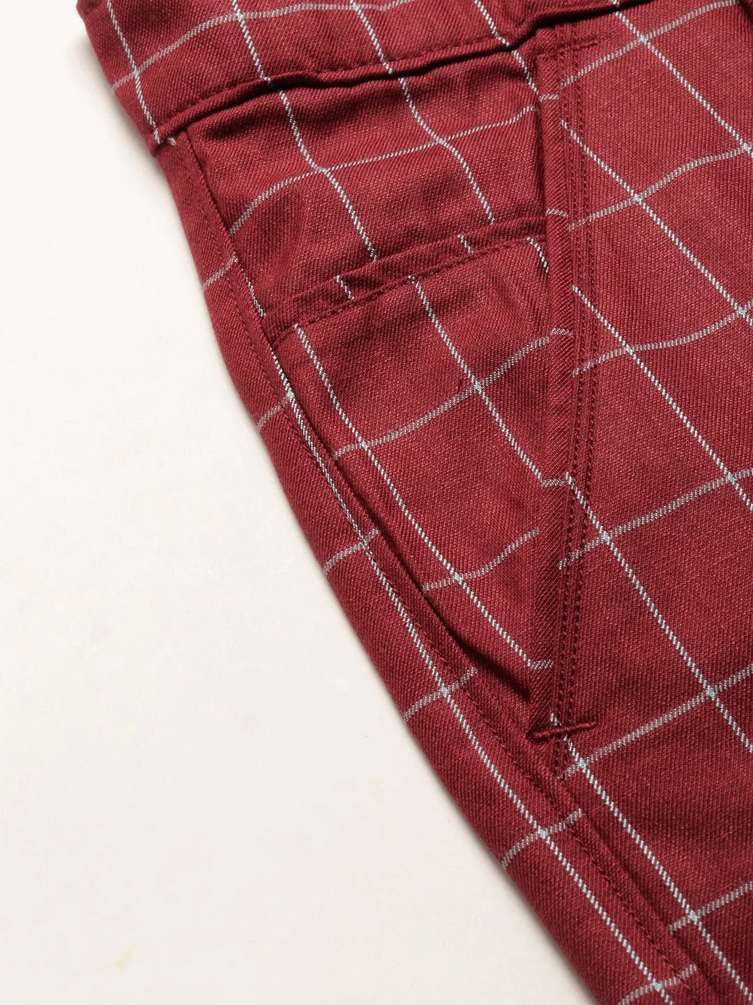 Men's Cotton Blend Maroon & Blue Checked Formal Trousers - Sojanya