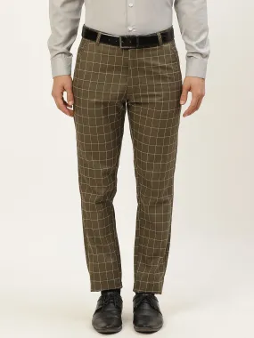 Men's Cotton Blend Moss Green & Off White Checked Formal Trousers - Sojanya