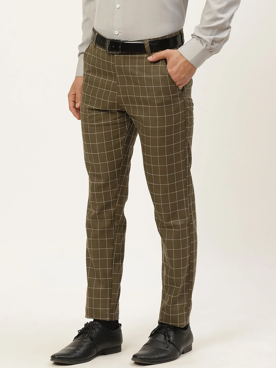 Men's Cotton Blend Moss Green & Off White Checked Formal Trousers - Sojanya