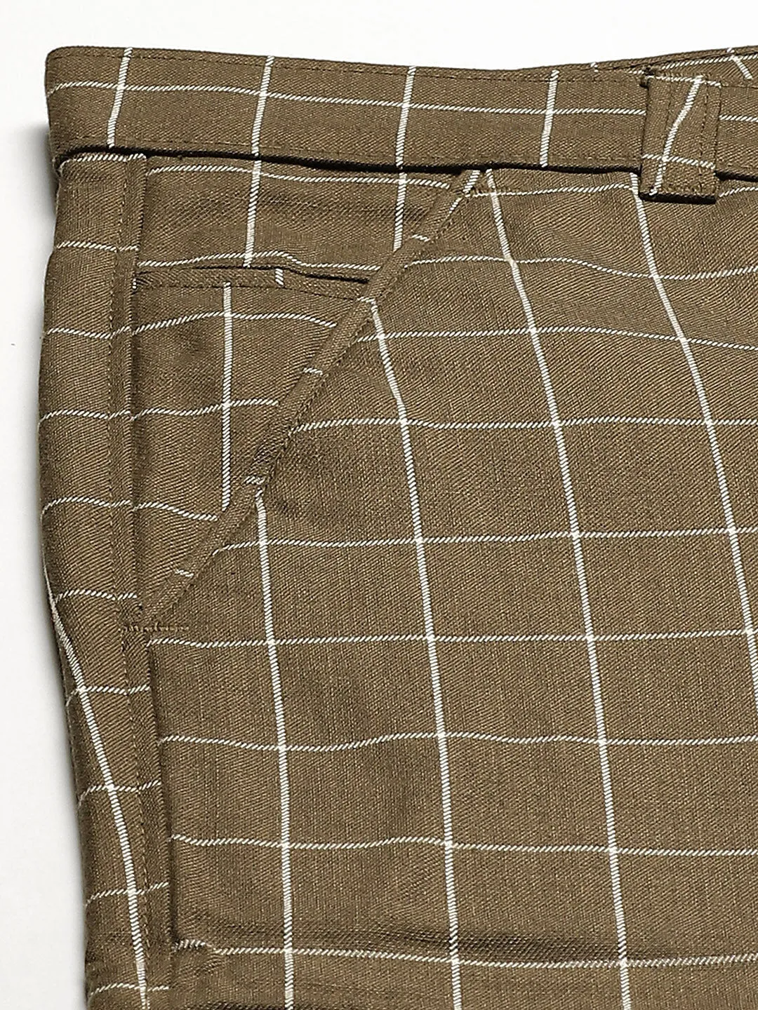 Men's Cotton Blend Moss Green & Off White Checked Formal Trousers - Sojanya