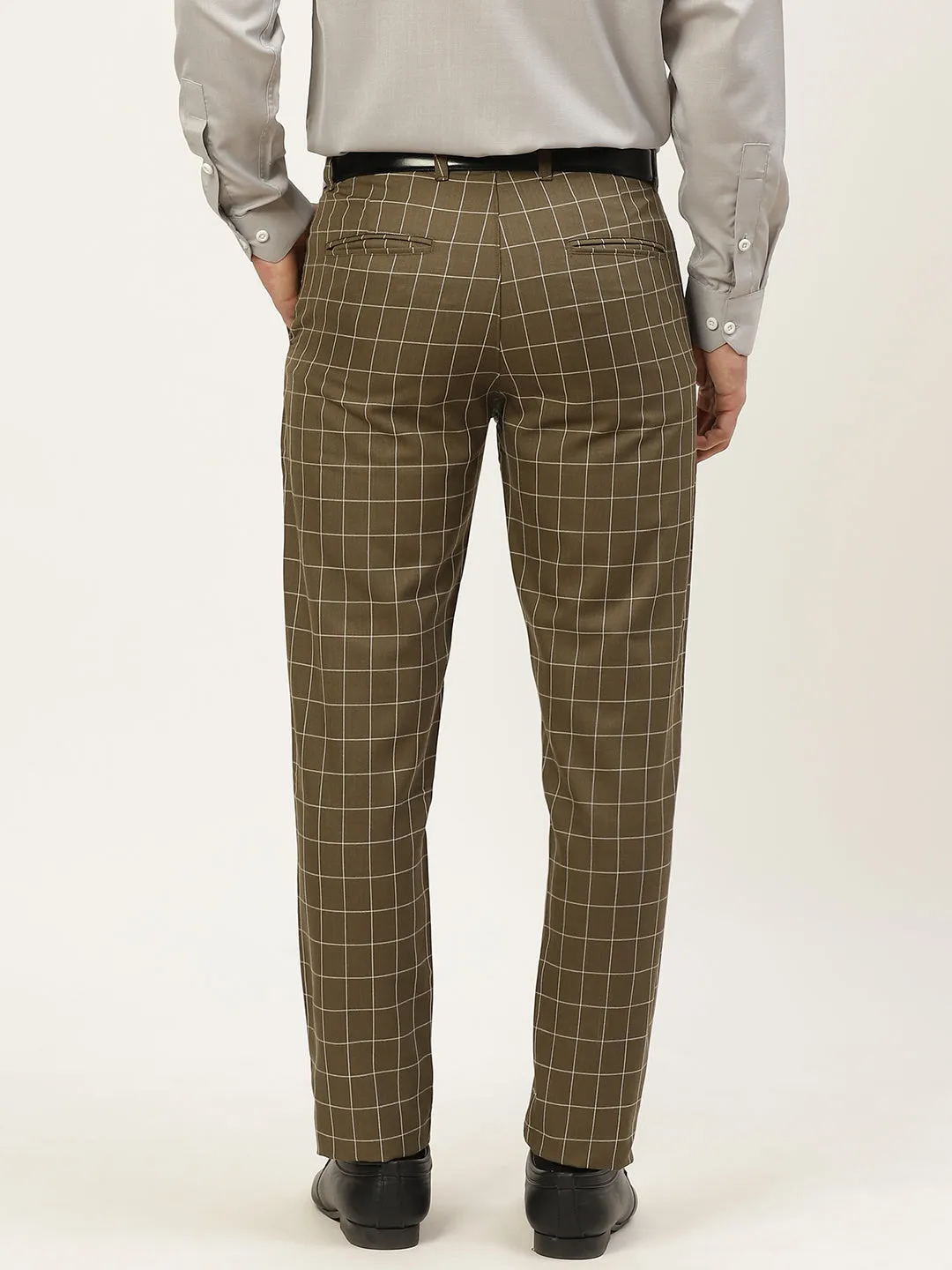 Men's Cotton Blend Moss Green & Off White Checked Formal Trousers - Sojanya