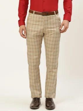 Men's Cotton Blend Pista Green & Mustard Checked Formal Trousers - Sojanya