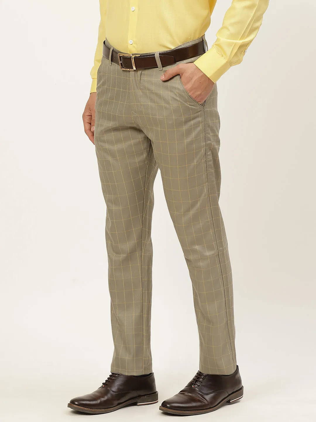 Men's Cotton Blend Pista Green & Yellow Checked Formal Trousers - Sojanya