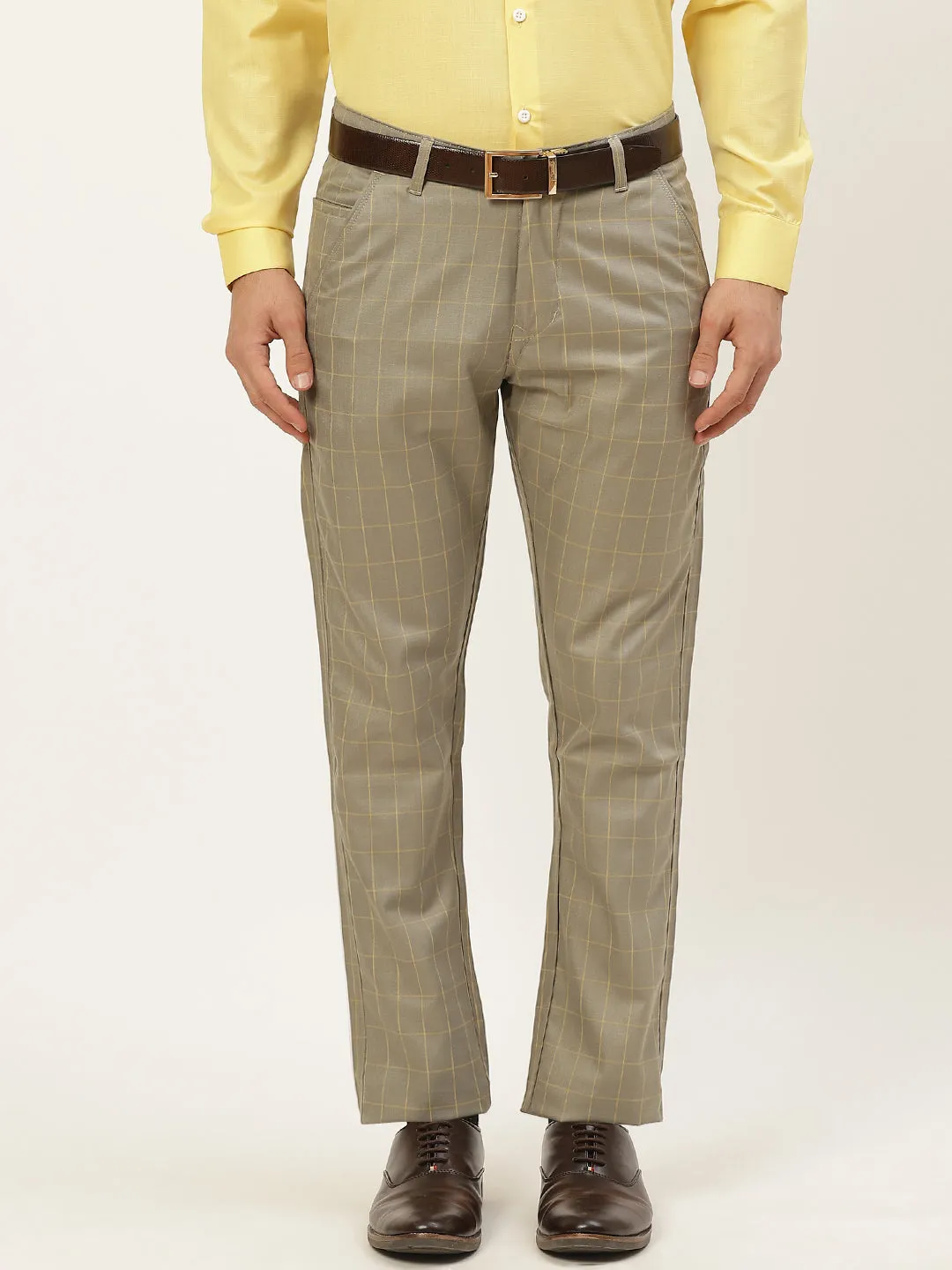 Men's Cotton Blend Pista Green & Yellow Checked Formal Trousers - Sojanya