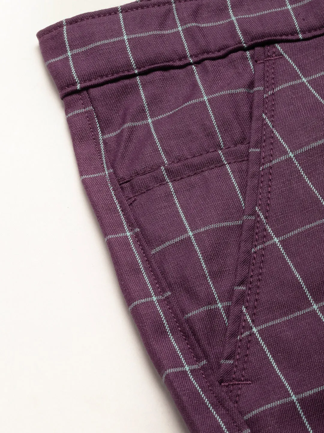 Men's Cotton Blend Purple & Blue Checked Formal Trousers - Sojanya