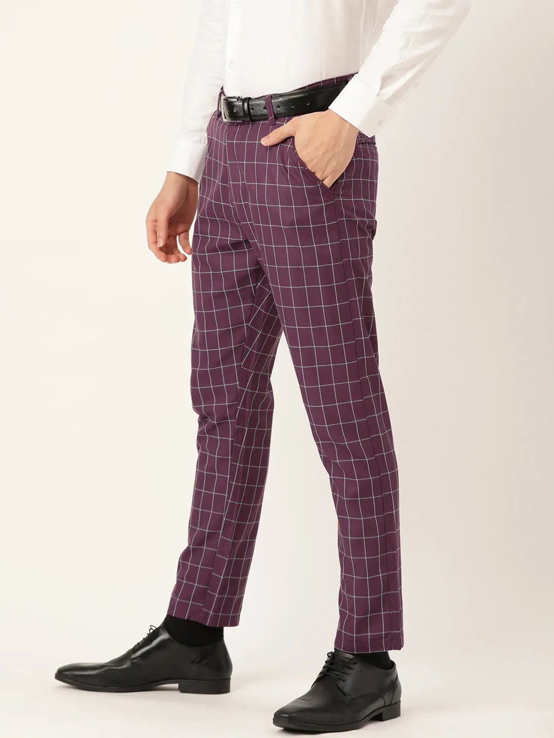 Men's Cotton Blend Purple & Blue Checked Formal Trousers - Sojanya