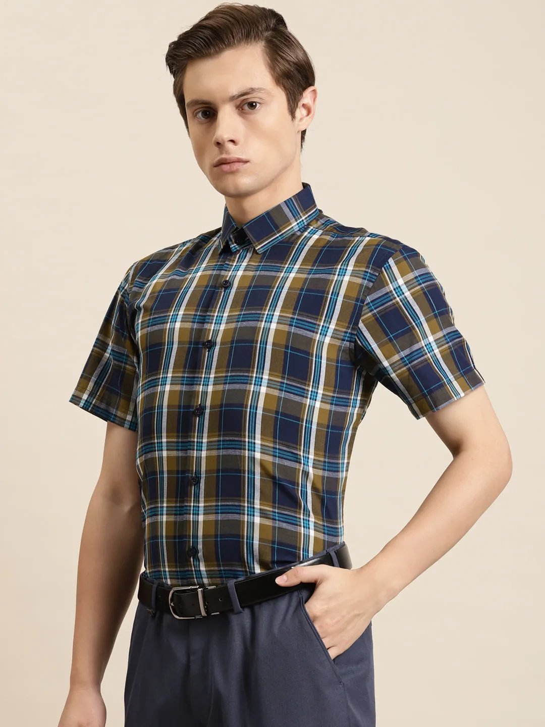 Men's Cotton Brown & Blue Navy Formal Shirt - Sojanya