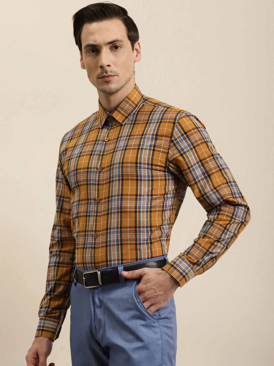 Men's Cotton Mustard & Blue Formal Shirt - Sojanya