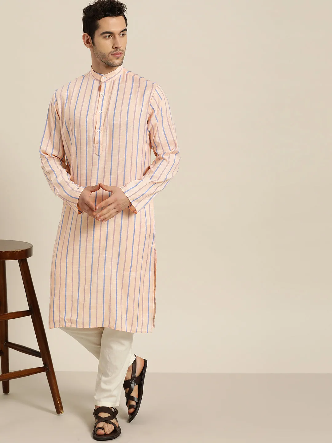 Men's Cotton Peach Orange ONLY Kurta  - Sojanya