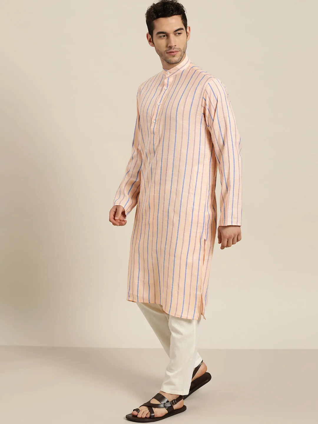 Men's Cotton Peach Orange ONLY Kurta  - Sojanya