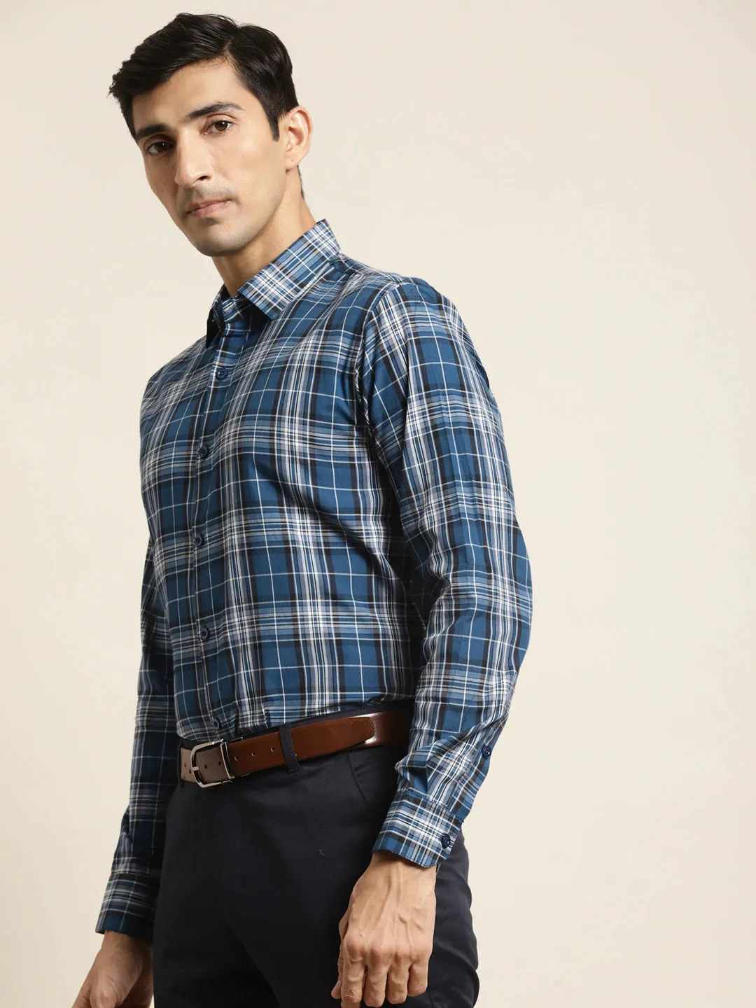 Men's Cotton Peacock & Black Check Formal Shirt - Sojanya