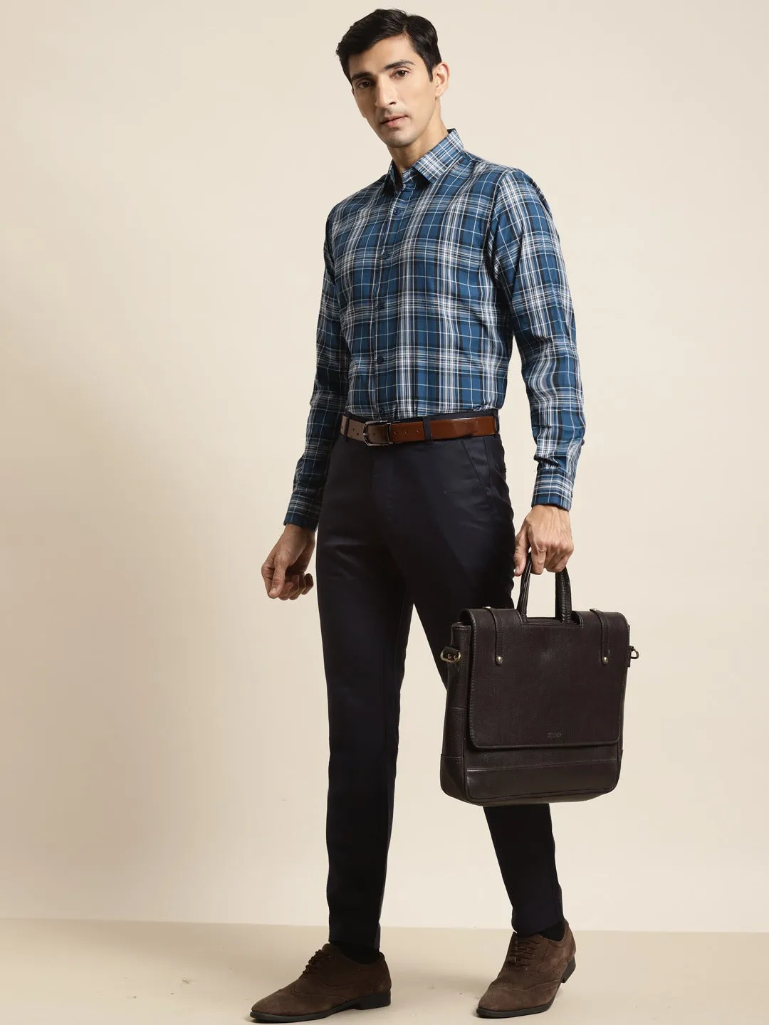 Men's Cotton Peacock & Black Check Formal Shirt - Sojanya