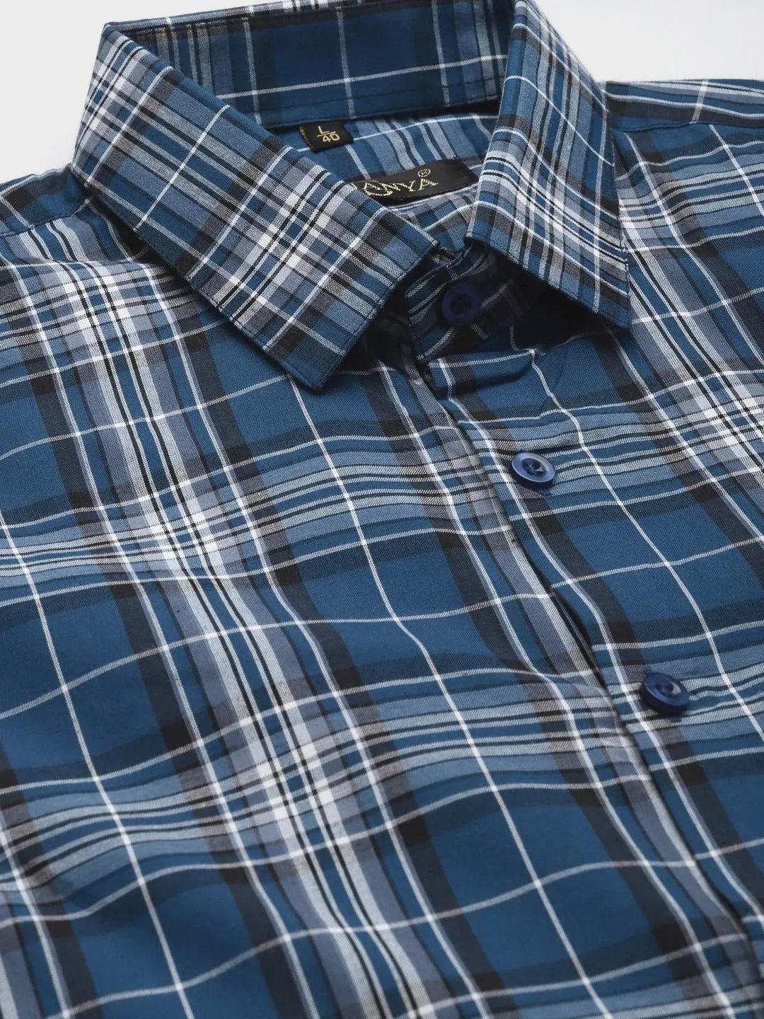 Men's Cotton Peacock & Black Check Formal Shirt - Sojanya