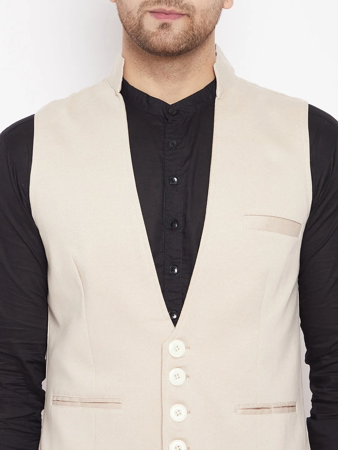 Men's Cream Color Woven Nehru Jacket - Even Apparels