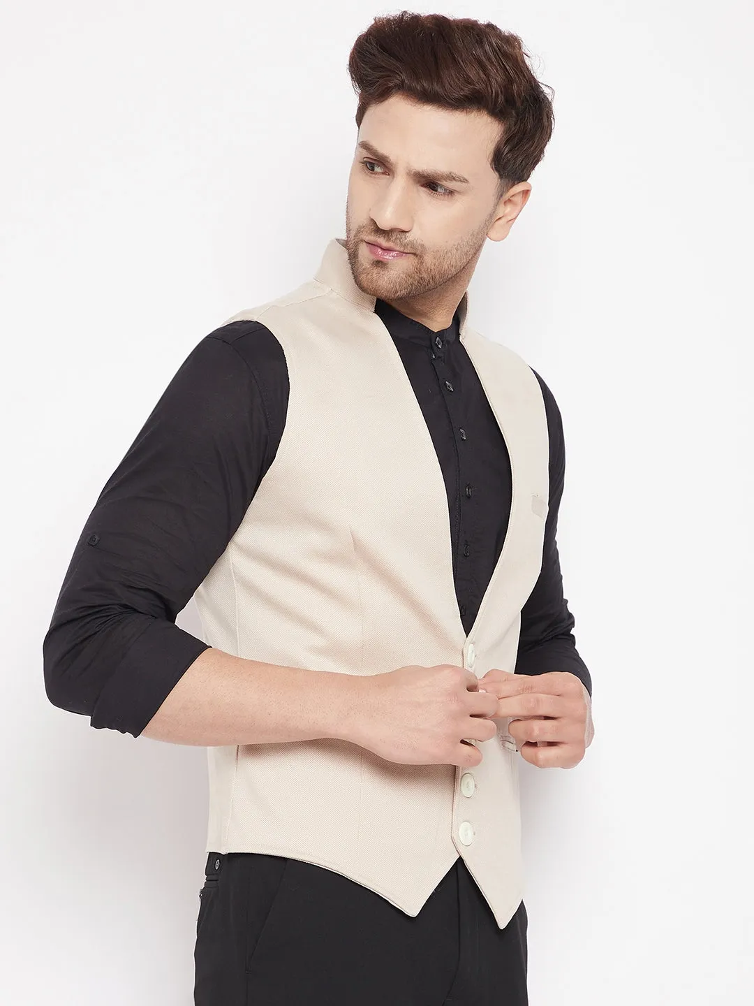 Men's Cream Color Woven Nehru Jacket - Even Apparels