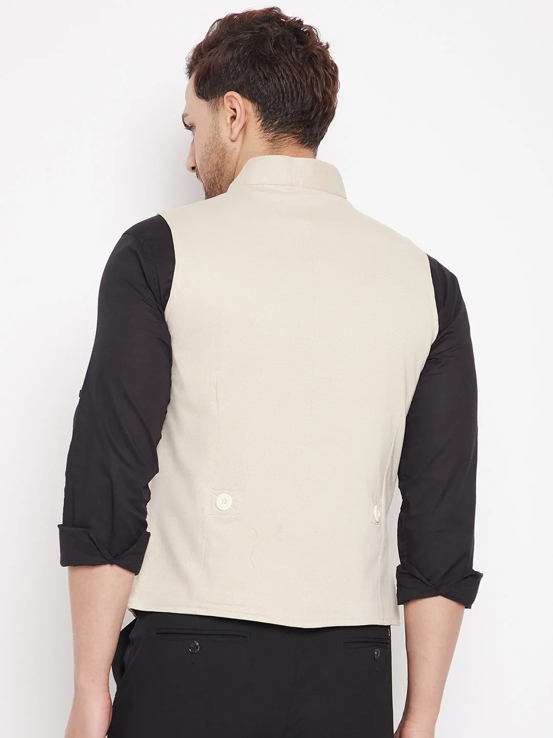 Men's Cream Color Woven Nehru Jacket - Even Apparels