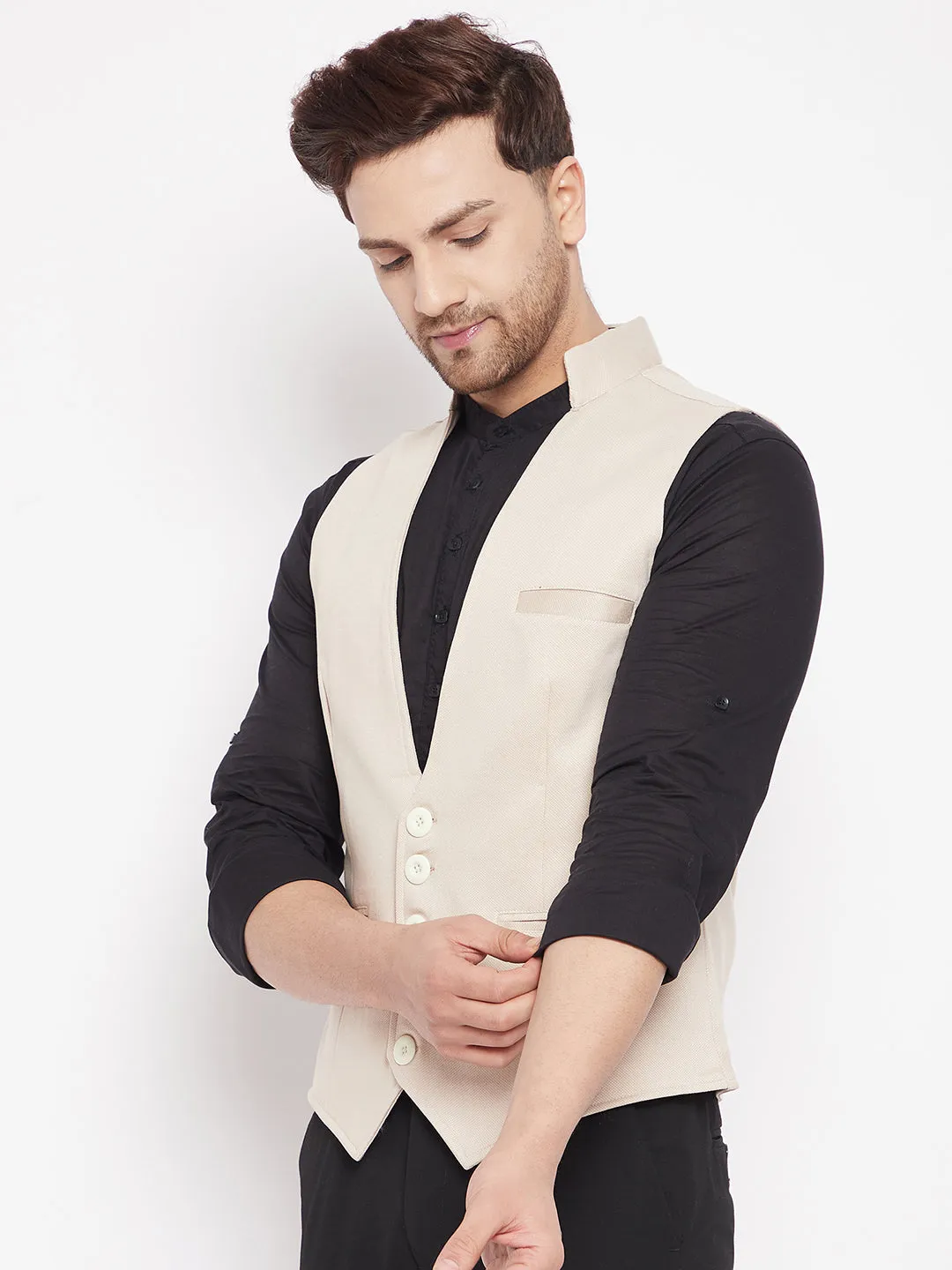 Men's Cream Color Woven Nehru Jacket - Even Apparels