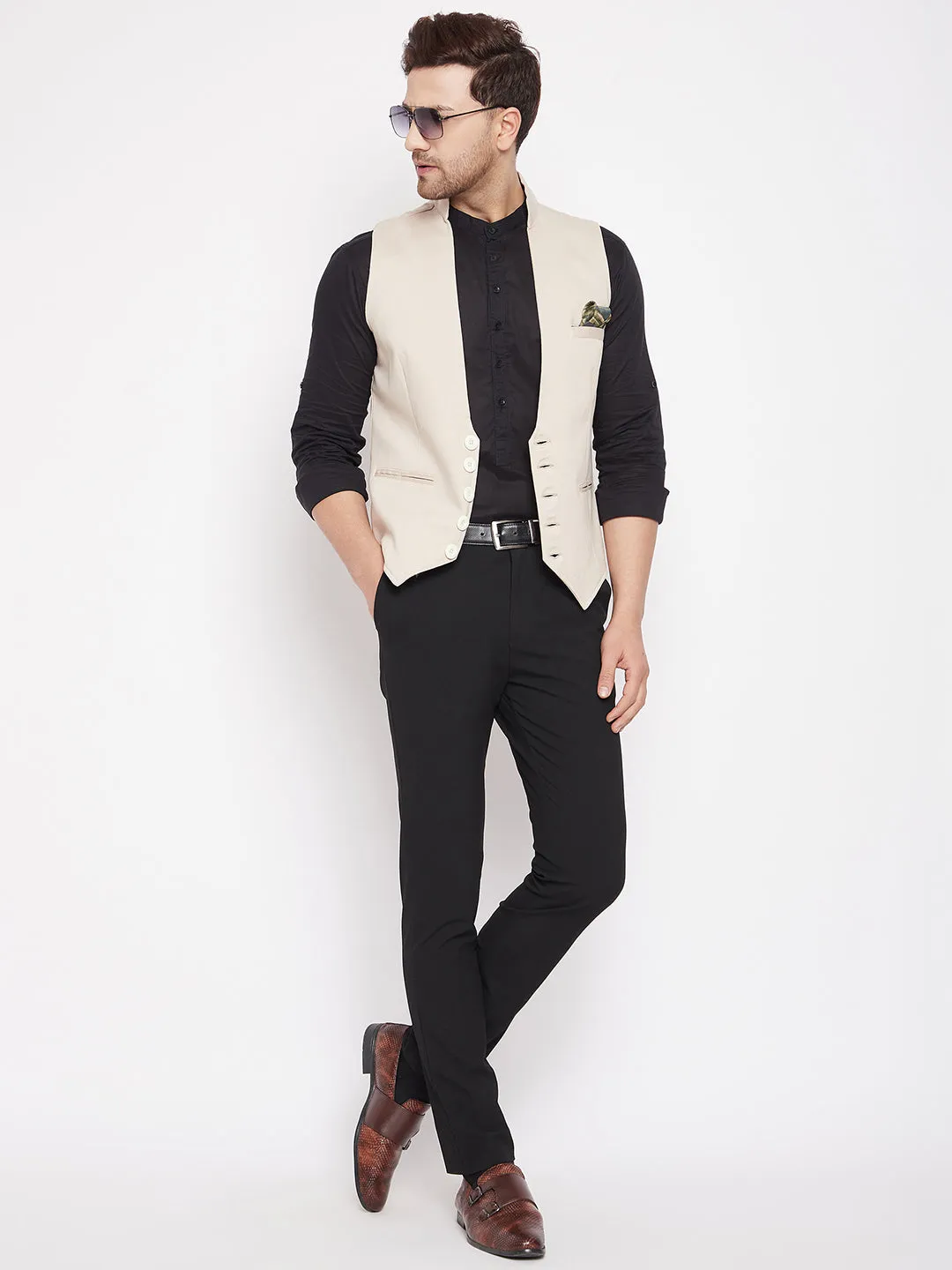 Men's Cream Color Woven Nehru Jacket - Even Apparels