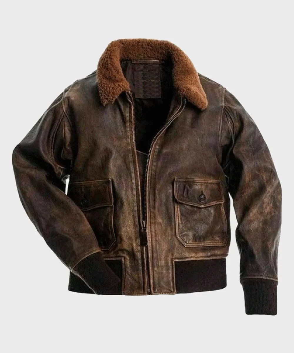 Men's Distressed Brown Leather Flight Bomber Jacket