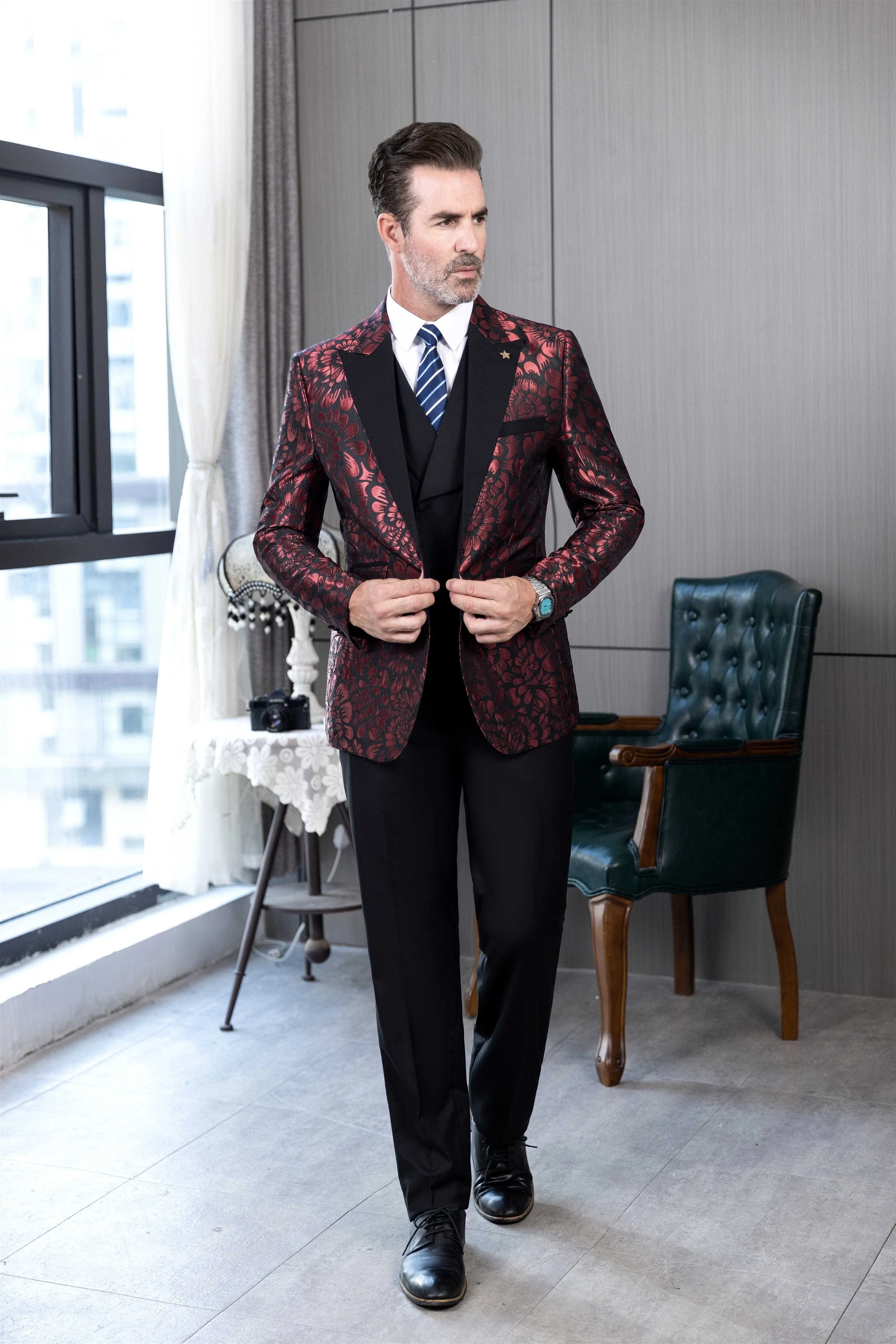 Men's Fashion Patterned Peak lapel Casual Suit Blazer