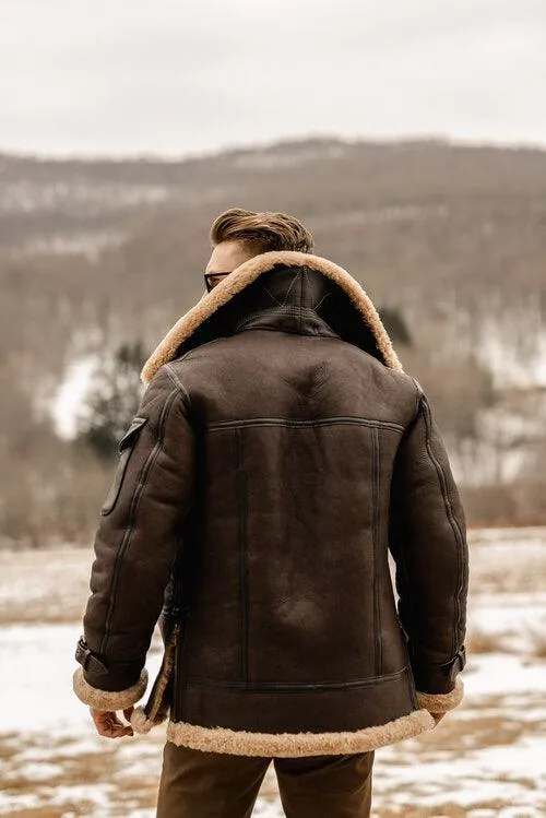 Men's Genuine Brown B3 Aviator Shearling Leather Long Coat with Belt