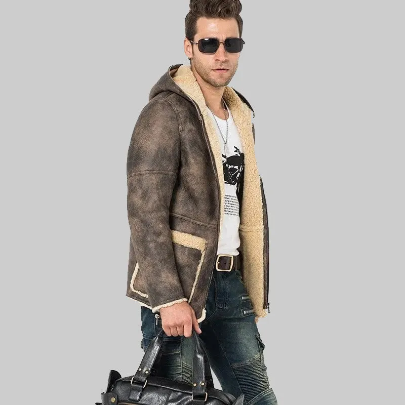 Men's Gray Shearling Hooded Long Fur Coat - Flight Jacket